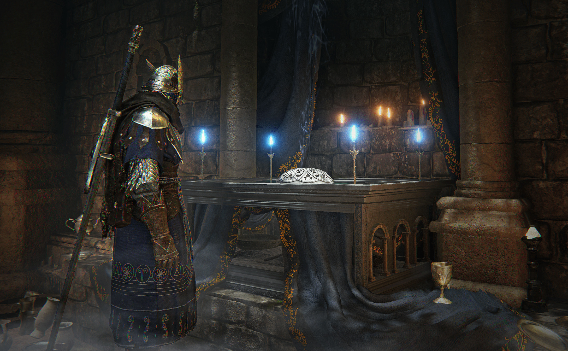 An Elden Ring Nightreign character, resembling a Tarnished, examines a strategic map or table in a dimly lit, atmospheric room, hinting at planning or lore.