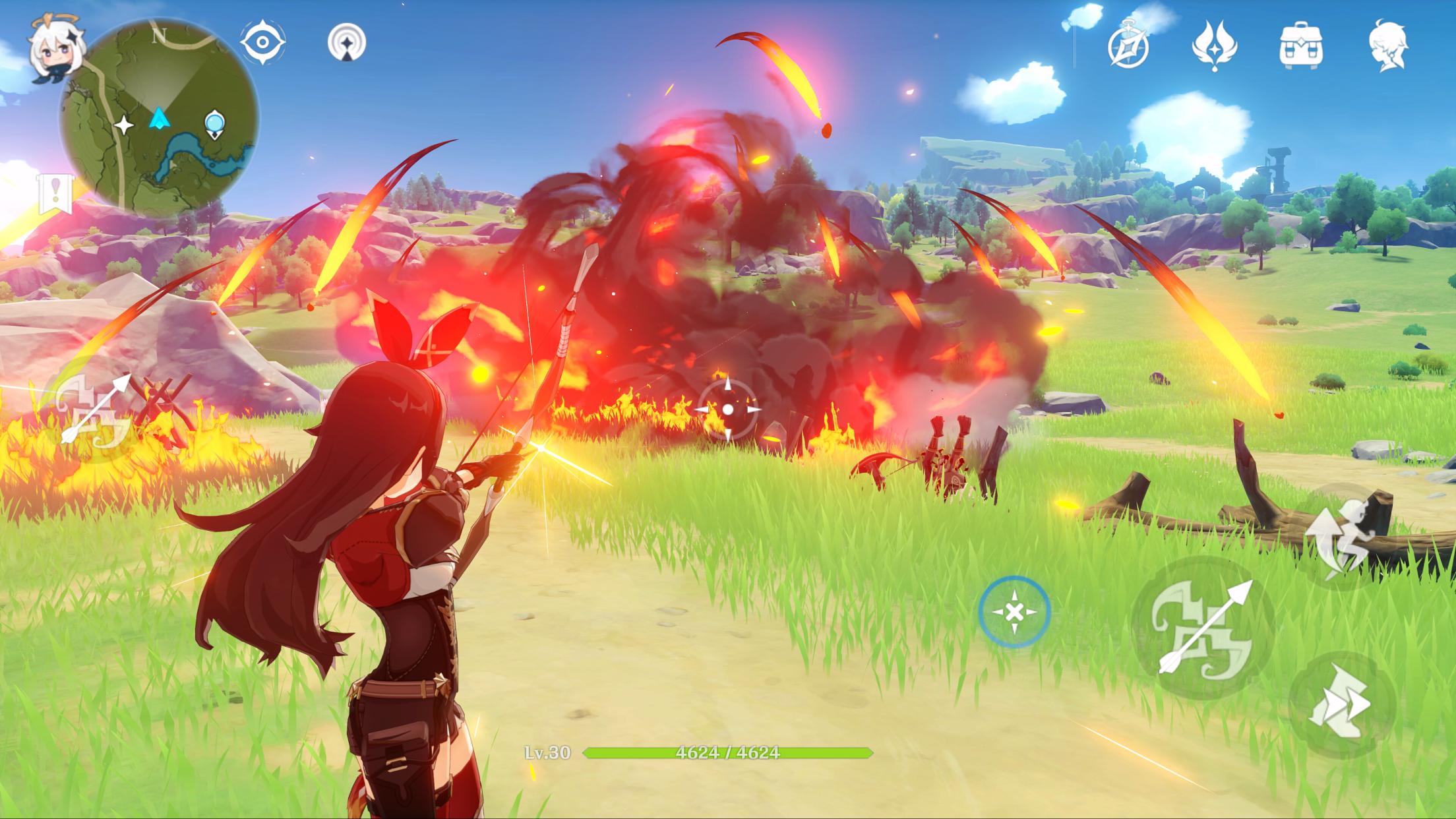 An archer shooting fire arrows at an android.