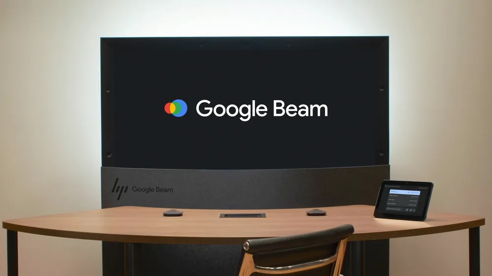 HP device with multiple cameras showcasing Google Beam's AI-powered 3D video call technology displayed at Google IO 2025.