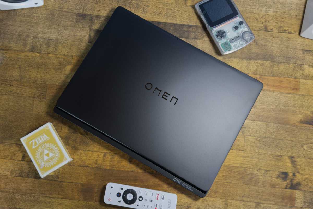 HP Omen Max 16 gaming laptop in Shadow Black, showcasing its understated design and O16 badging on the lid.