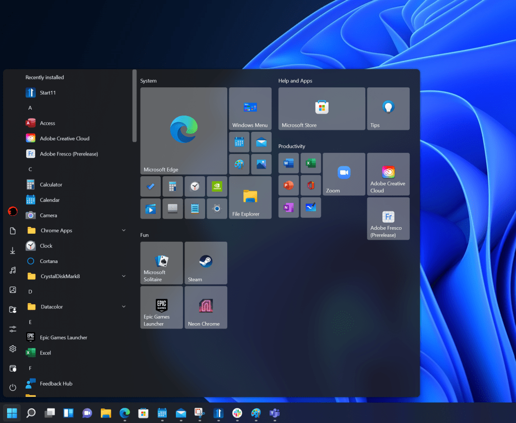 alt text: Start11 software interface showcasing the Windows 10 style option, along with other pre-designed profiles resembling older Windows versions.