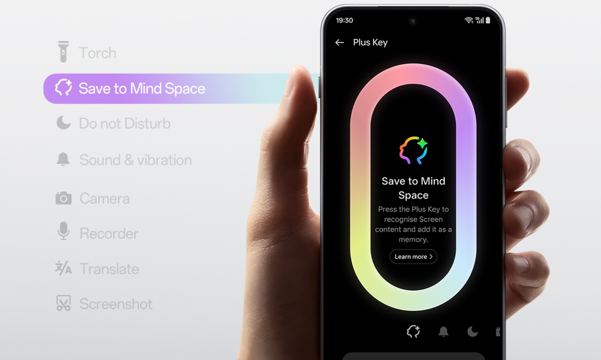 OnePlus 13s smartphone displaying the AI Plus Mind interface activated by the new Plus Key, showcasing seamless content capture.