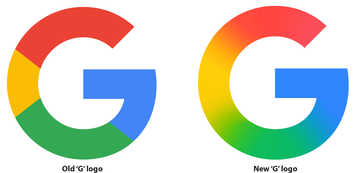 Side-by-side comparison of Google's old G favicon with distinct color blocks and the new G favicon featuring smoother color gradients, illustrating a subtle but important branding update for identifying authentic Google services.