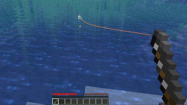 Minecraft screenshot showing a fishing line and tackle