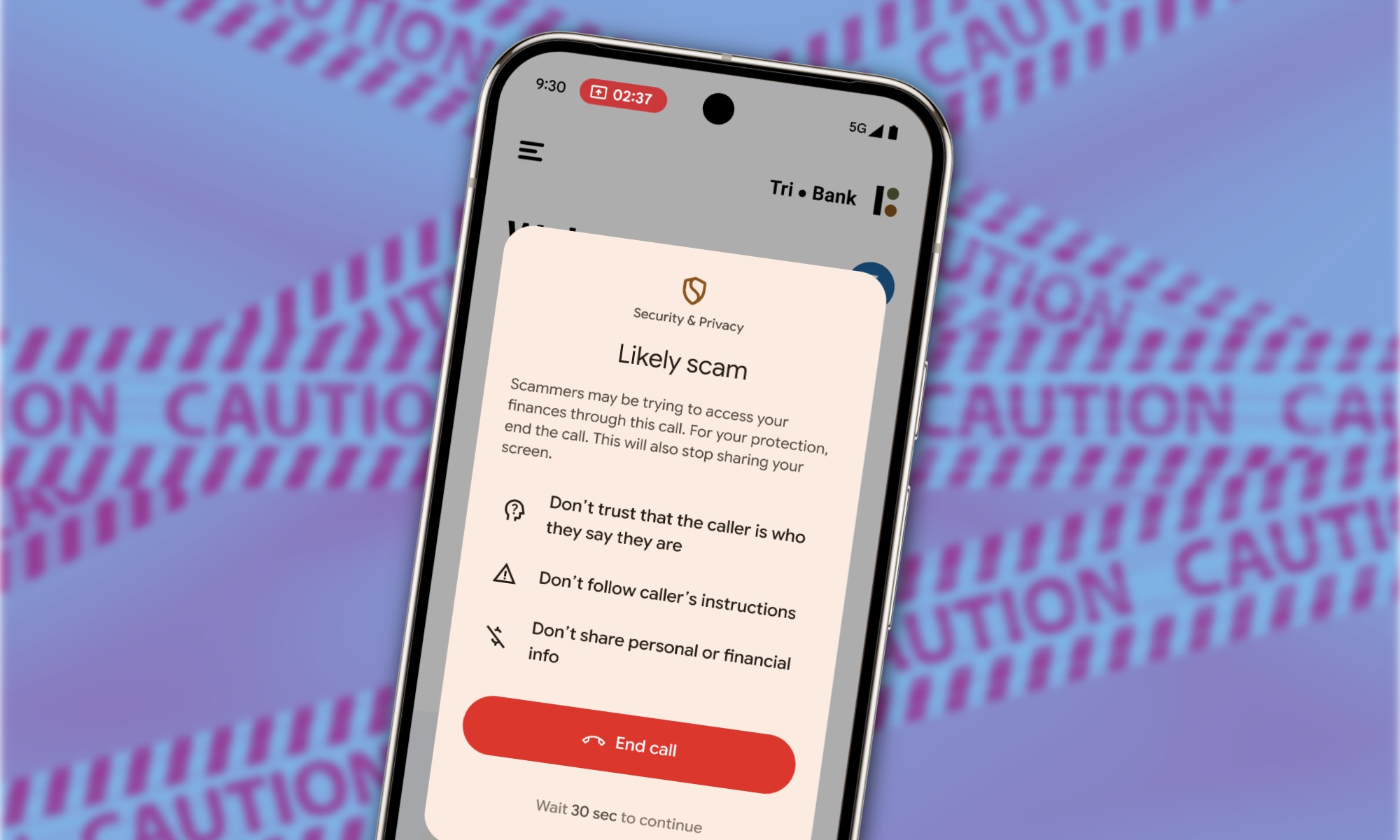 Google Phone app displaying an AI-powered scam warning during an active call on an Android device, highlighting real-time protection.
