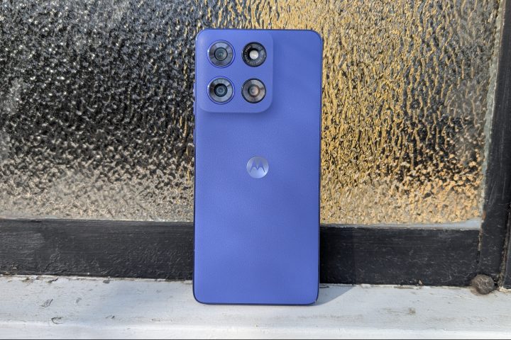 Rear view of the Moto G Stylus 2025 in Pantone Surf the Web Blue showing camera module and faux-leather back