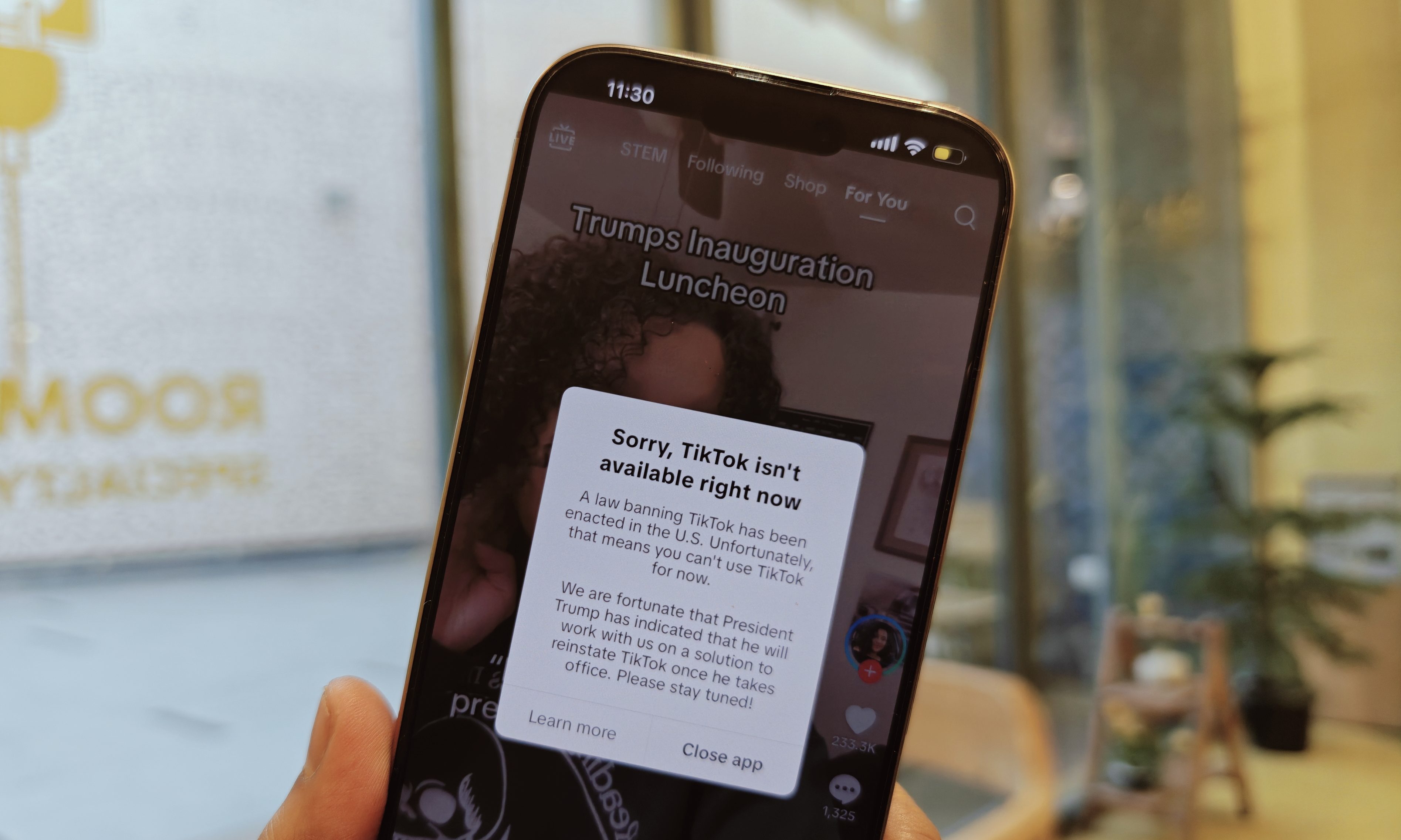 alt text: A screenshot of the TikTok app displaying a shutdown message in the US.