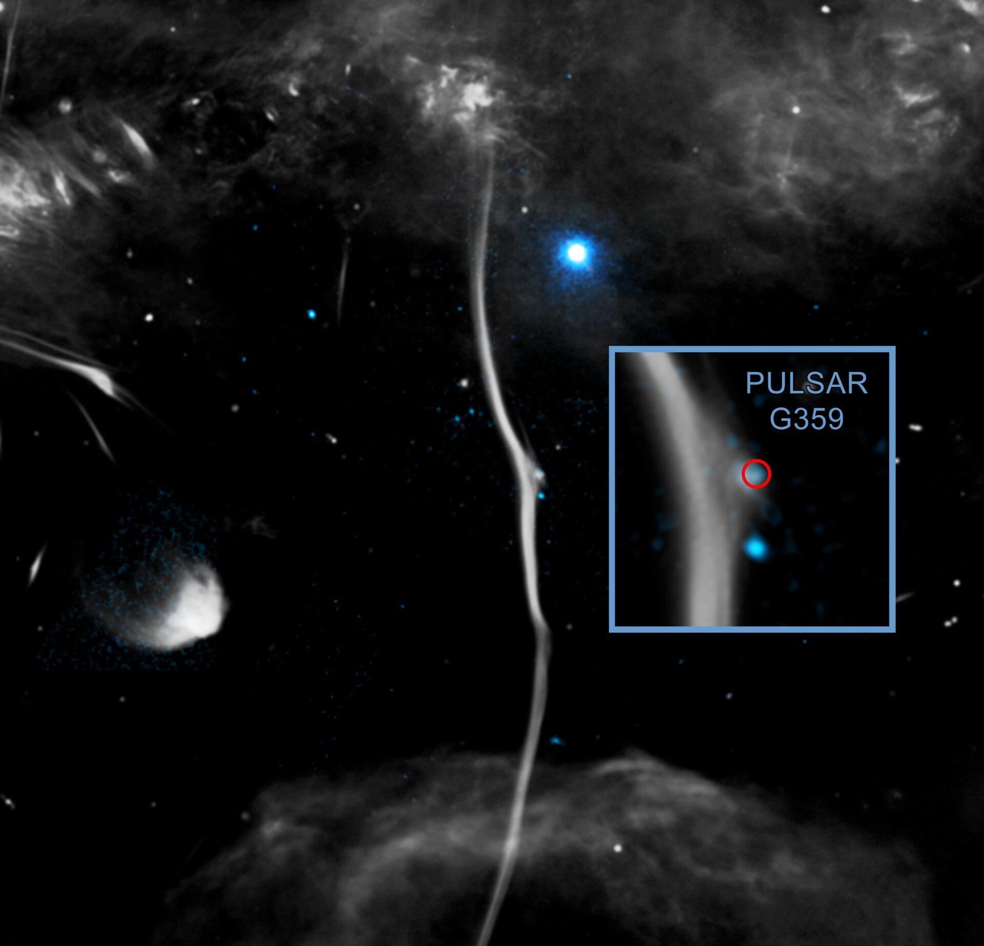 X-ray and radio image of The Snake filament showing a fracture possibly caused by a pulsar.