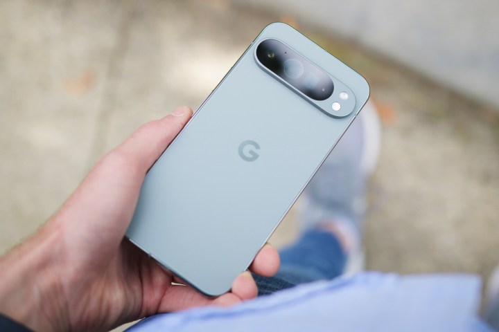 Back view of the Google Pixel 9 Pro XL held in hand.
