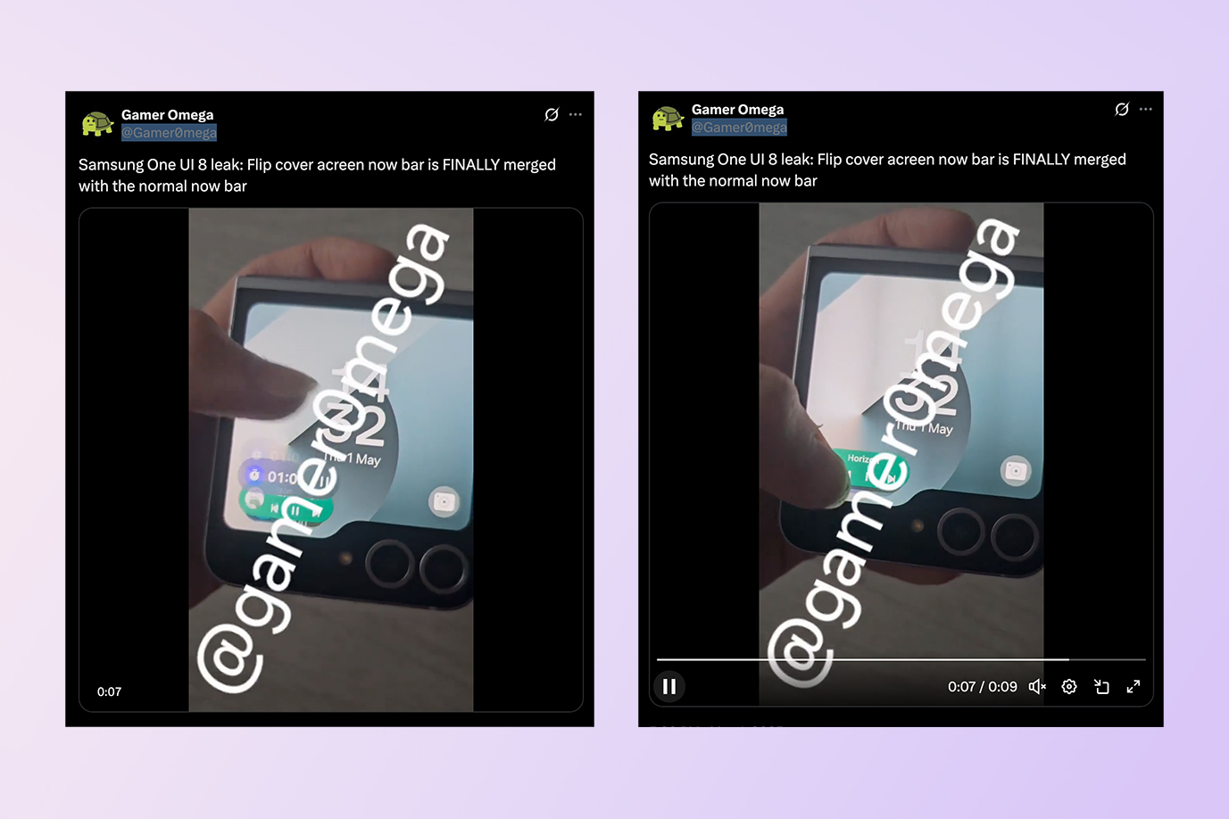 Leaked Samsung One UI 8 interface with Now Bar on Galaxy Z Flip 5 6 cover screen.