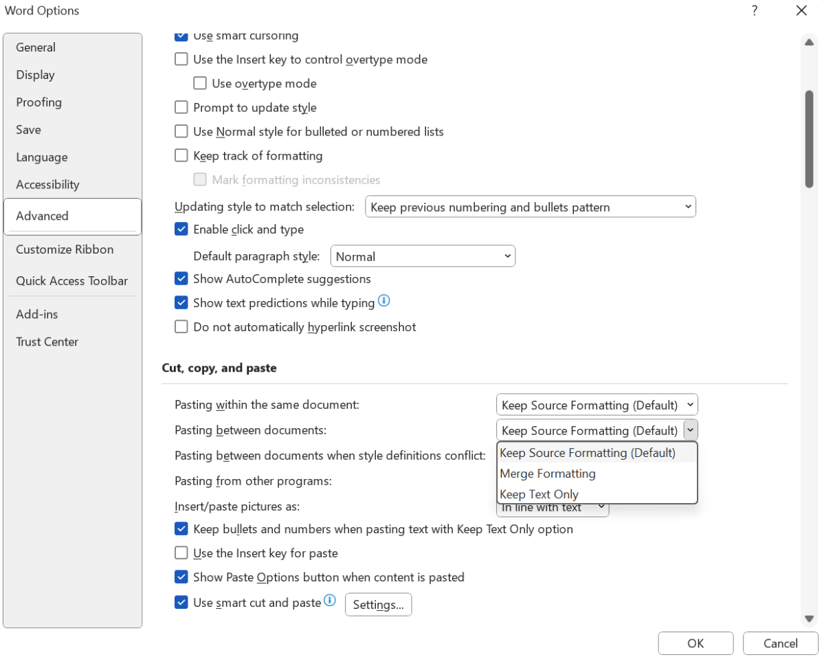 Microsoft Word Advanced Options for pasting text without formatting