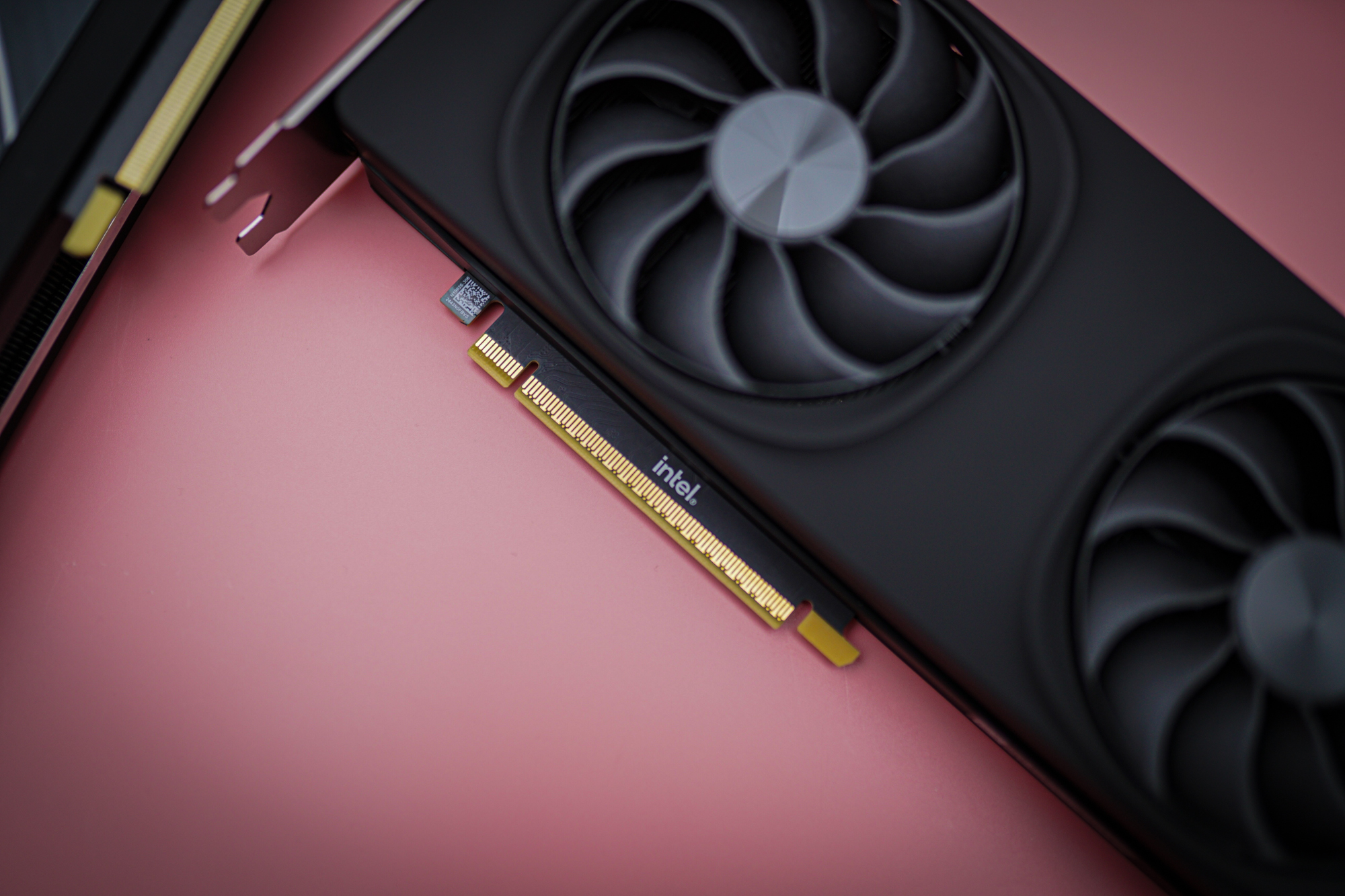 The Intel logo on the Arc B580 graphics card.