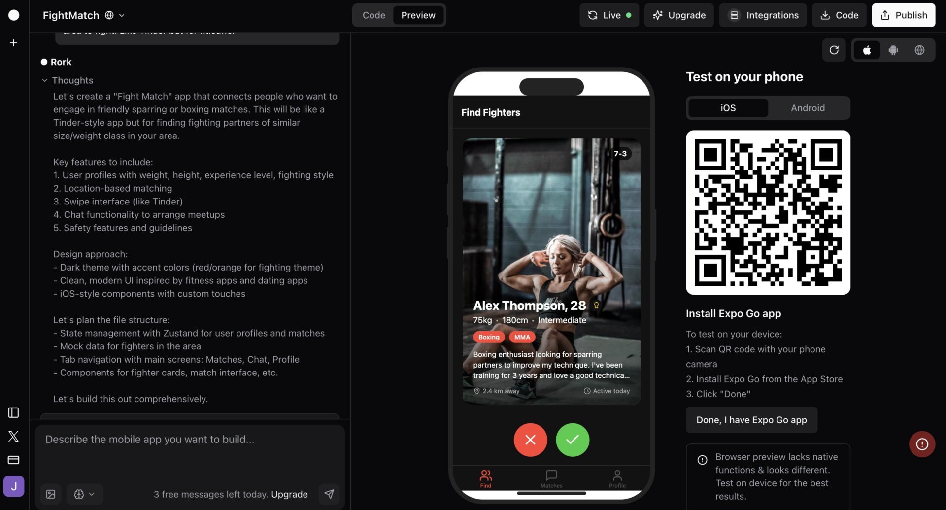 FightMatch app interface preview generated by Rork AI app builder