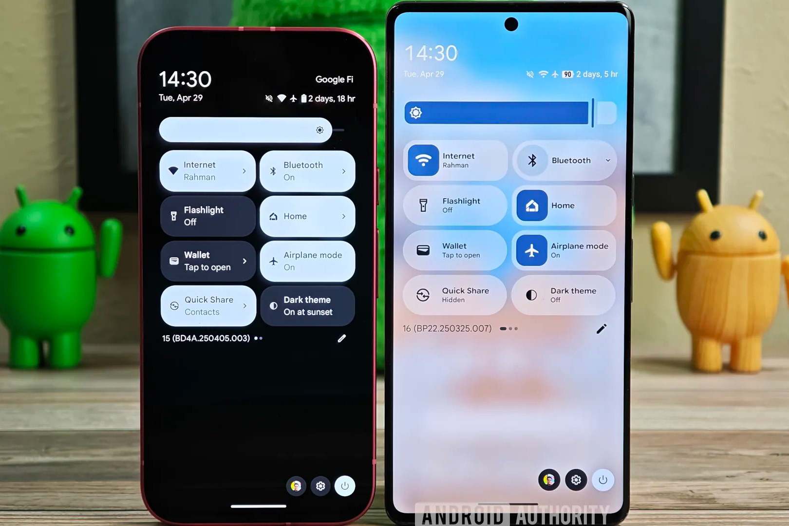 alt: Comparison of the old and new Android Quick Settings menu. The new design features a translucent background and updated icons.