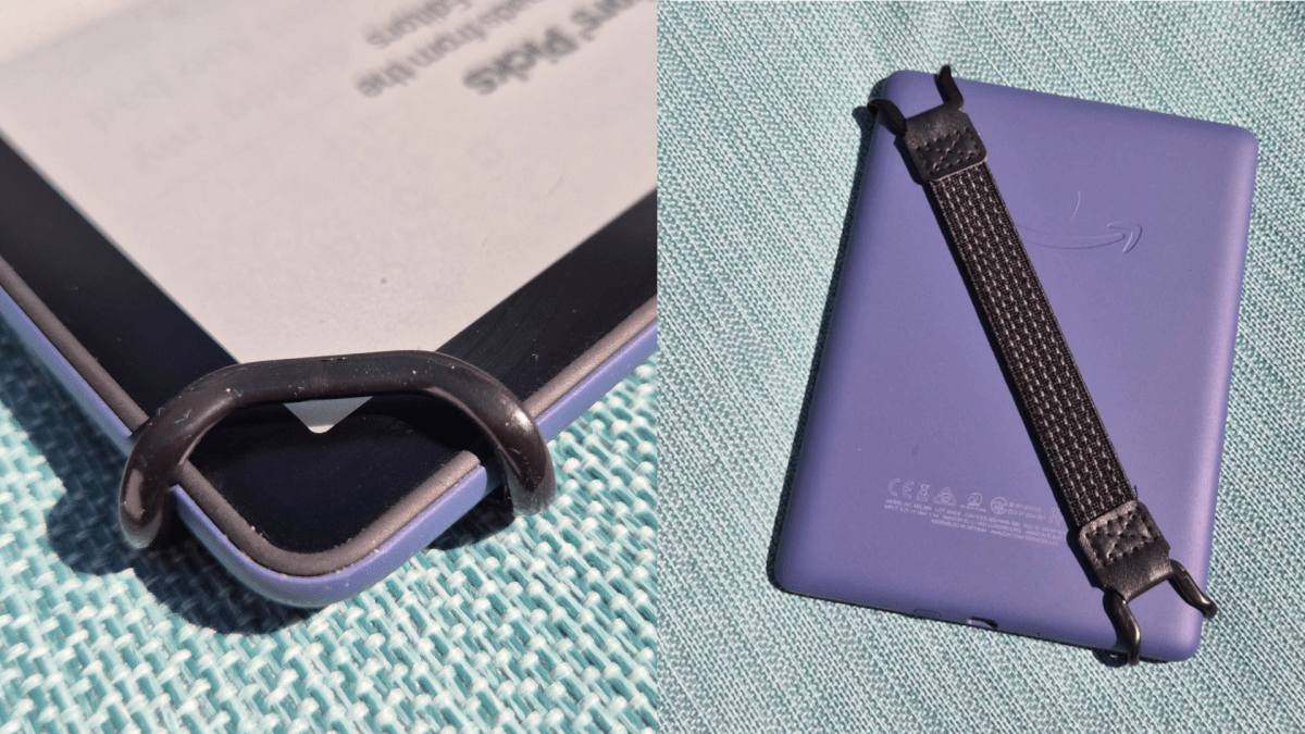 Kindle Paperwhite showing an attachable elastic grip belt, illustrating an alternative to integrated strap cases.