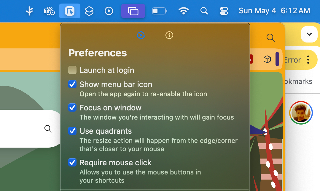 Core controls for Swift Shift app on a Mac.