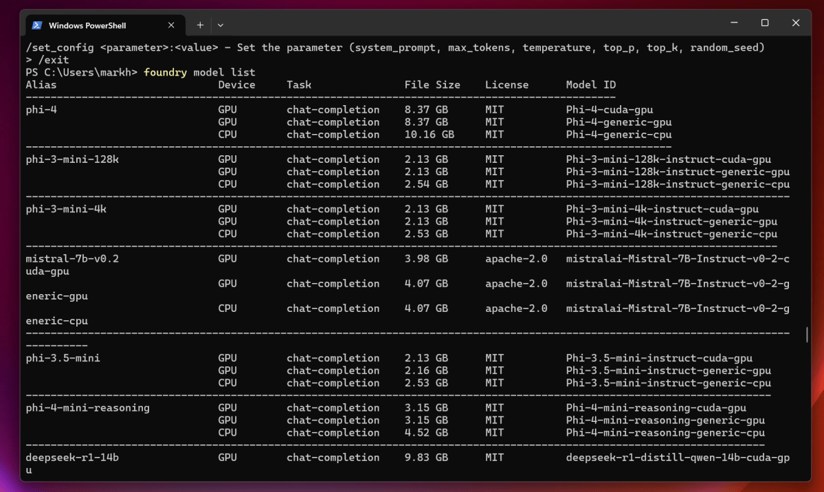 List of available AI models like Phi-3 and CodeLlama in Microsoft Local AI displayed in a command-line interface.