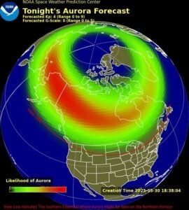 NOAA's viewline forecast map showing expected aurora borealis visibility over North America.
