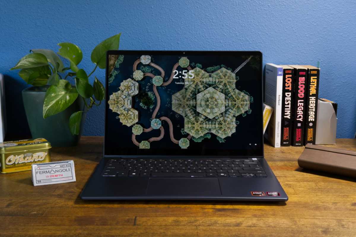 Dell Plus 14 2-in-1 with its screen displaying a vibrant image, illustrating its display capabilities.