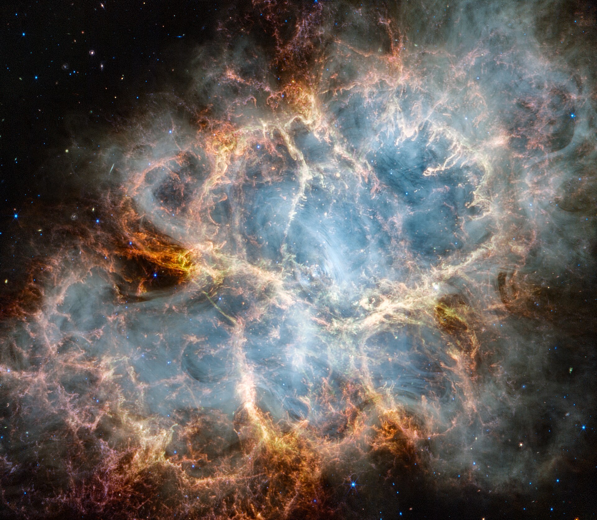The Crab Nebula, a supernova remnant from 1054 AD, imaged by the Webb Space Telescope, illustrating how historical astronomical events are studied today.