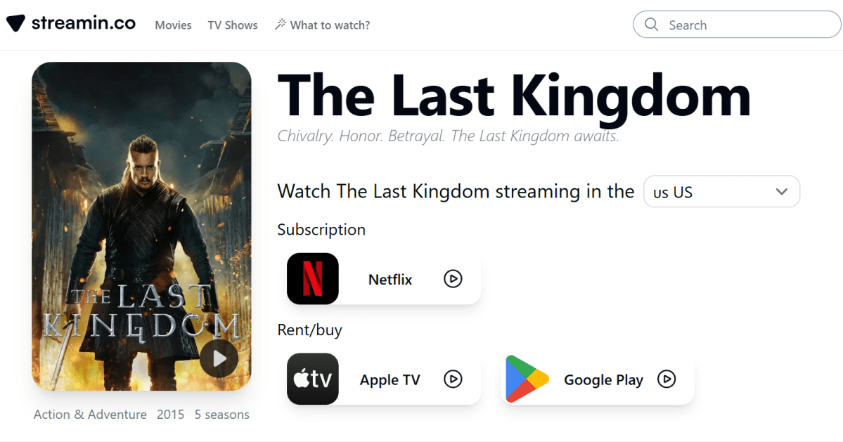 Example of a Streamin AI movie recommendation, displaying synopsis, cast, and where to watch, for a history show like Vikings