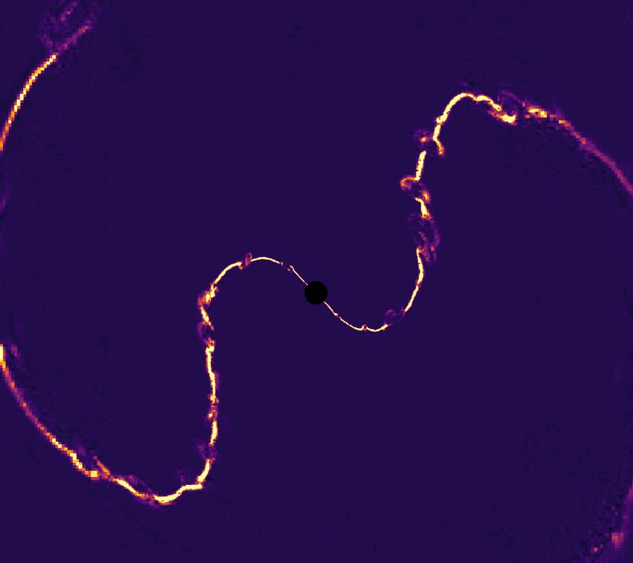 Simulated magnetized winds (yellow lines) swirling around a black hole, characteristic of a black hole pulsar after a neutron star merger.