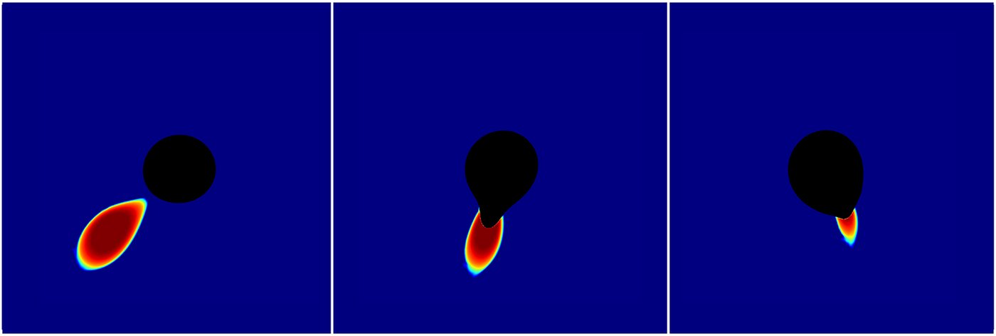 Simulation sequence: a black hole's gravitational pull deforms and consumes a nearby neutron star.