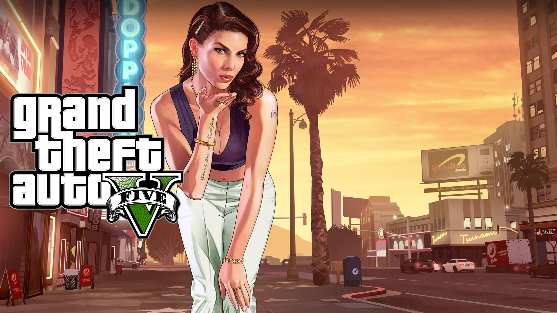 Promotional image of a female character from Grand Theft Auto V, highlighting the game's diverse cast.