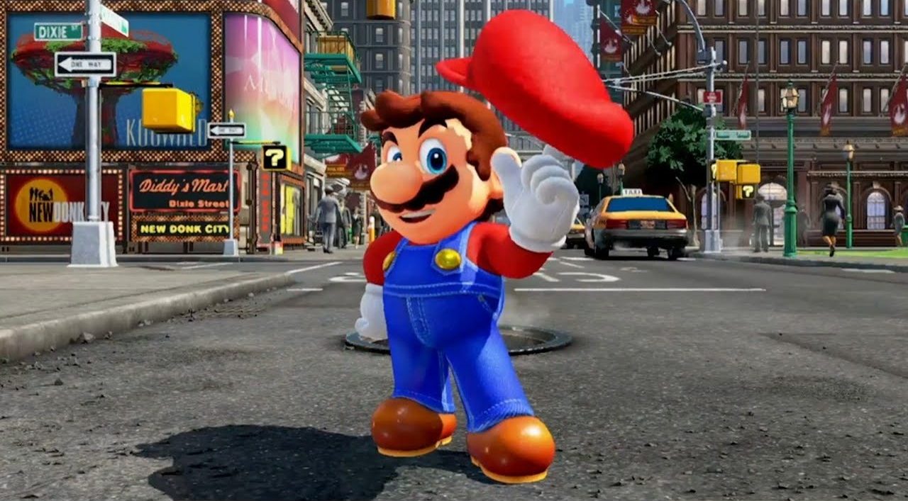 Mario twirling Cappy in front of New Donk City in Super Mario Odyssey for the Nintendo Switch.