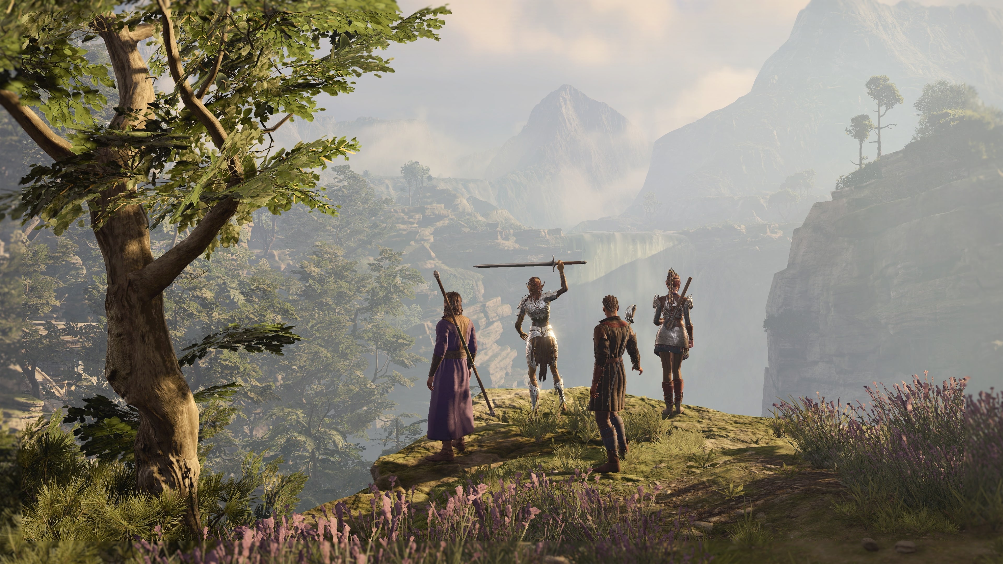 A party of four adventurers standing on a cliff edge, overlooking a fantasy landscape in Baldur's Gate 3.
