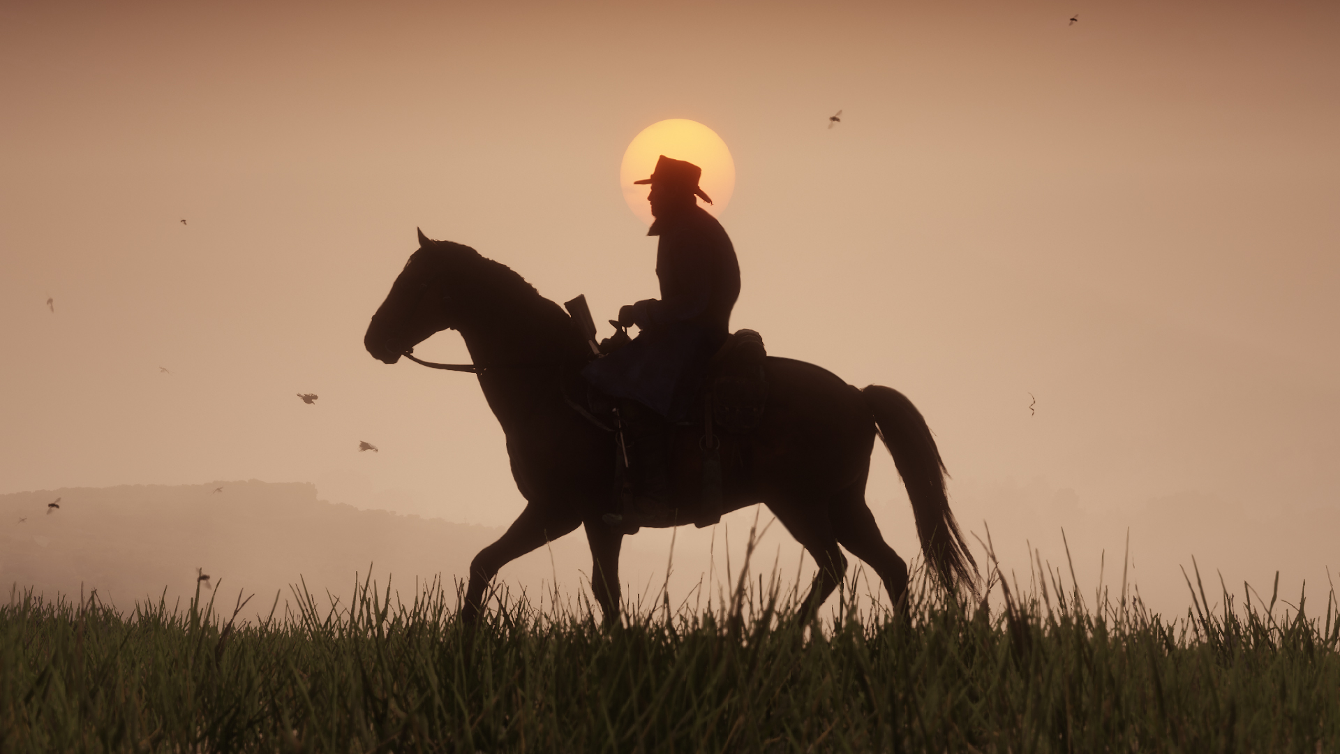 A cowboy, Arthur Morgan, riding a horse through the scenic landscape of Red Dead Redemption 2.