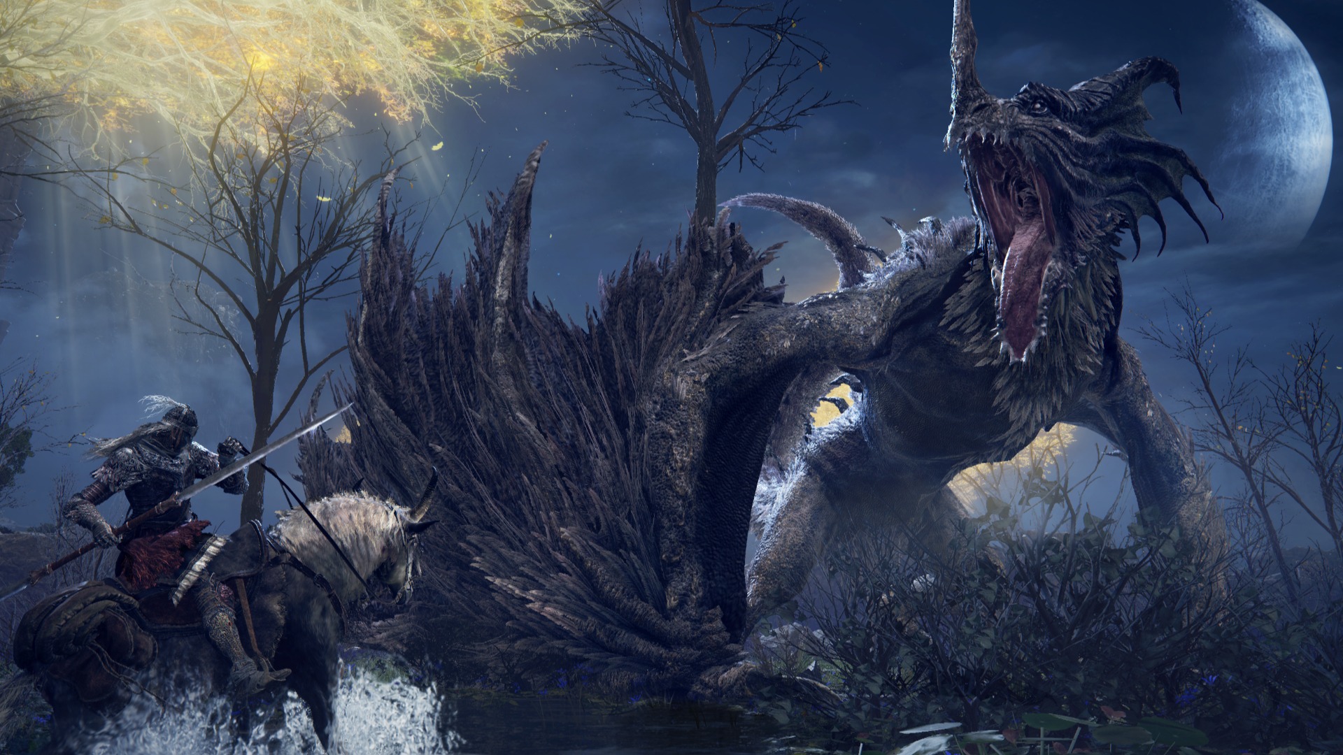 The Tarnished warrior on horseback confronting the dragon Agheel in a dynamic scene from Elden Ring.