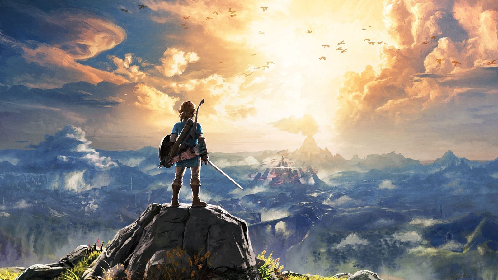 Link gazing at the expansive sky of Hyrule in The Legend of Zelda: Breath of the Wild.