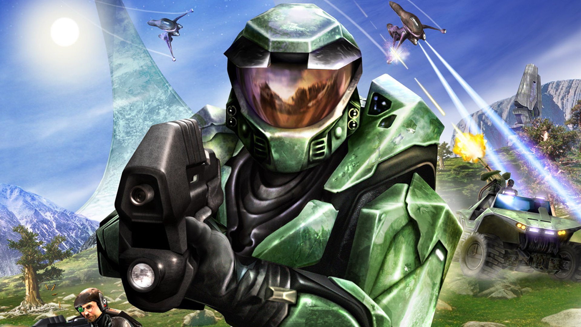 Master Chief in action from Halo: Combat Evolved, the defining game for the original Xbox.
