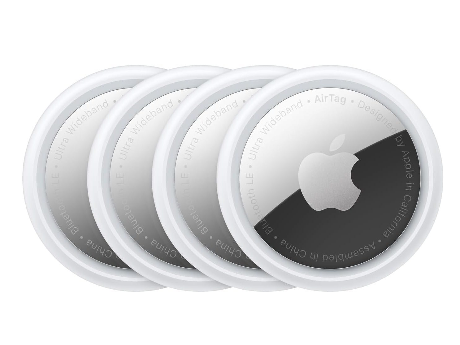 Pack of four Apple AirTag Bluetooth trackers for locating misplaced items.