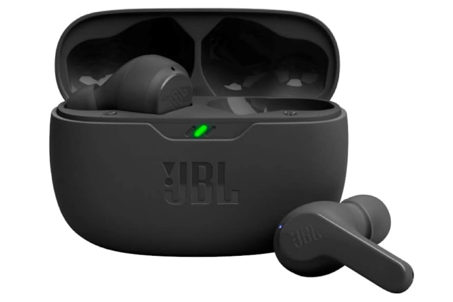 JBL Vibe Beam true wireless earbuds and compact charging case displayed on a white surface.