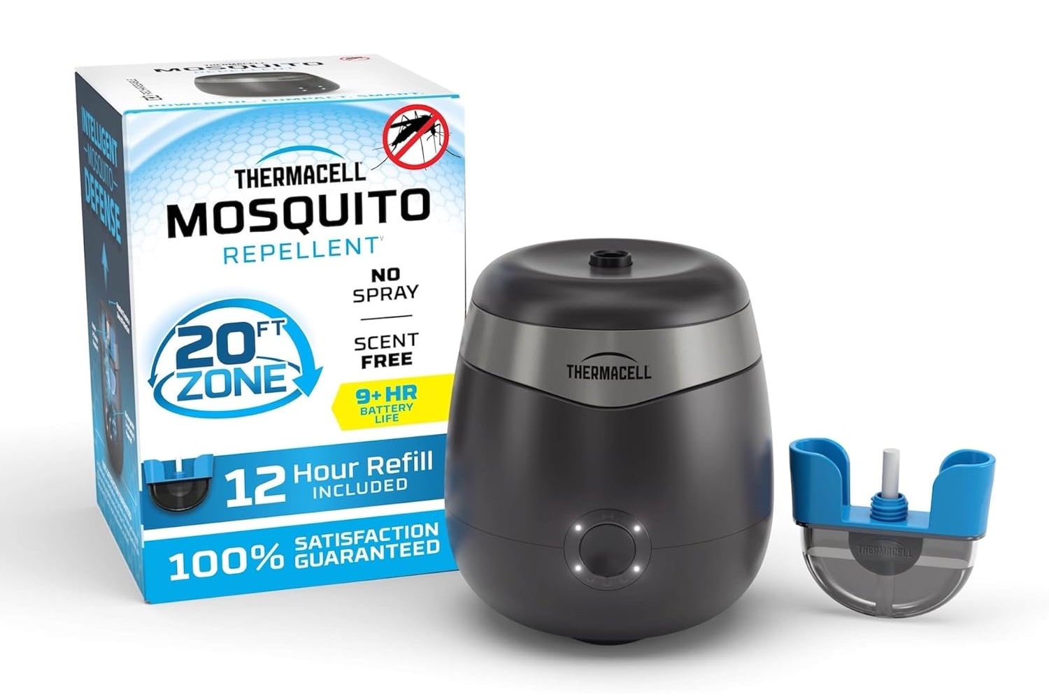 Thermacell E90 rechargeable mosquito repeller device alongside its original packaging.