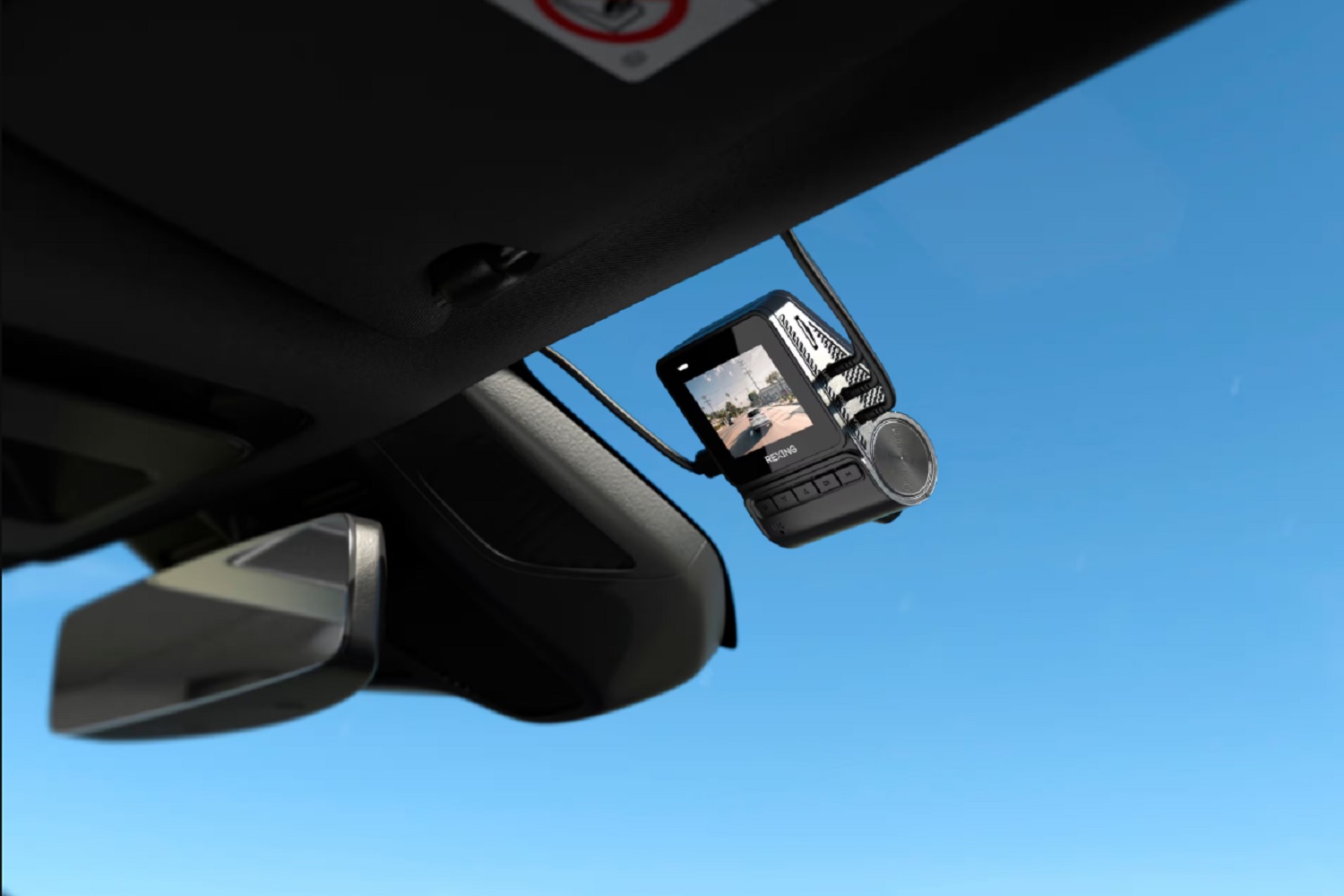 Rexing V1P Flex X4 4K Wi-Fi dual dash cam mounted on a car's windshield.