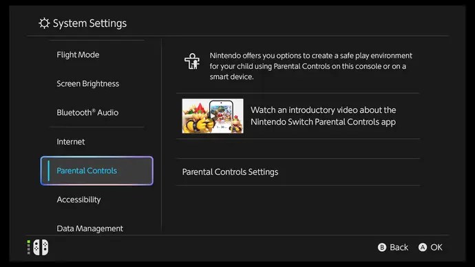 Nintendo Switch 2 parental controls settings menu, offering options to restrict software and communication.