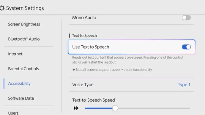 Accessibility settings on Nintendo Switch 2, focusing on GameChat Voice Text-to-Speech and Speech-to-Text options.