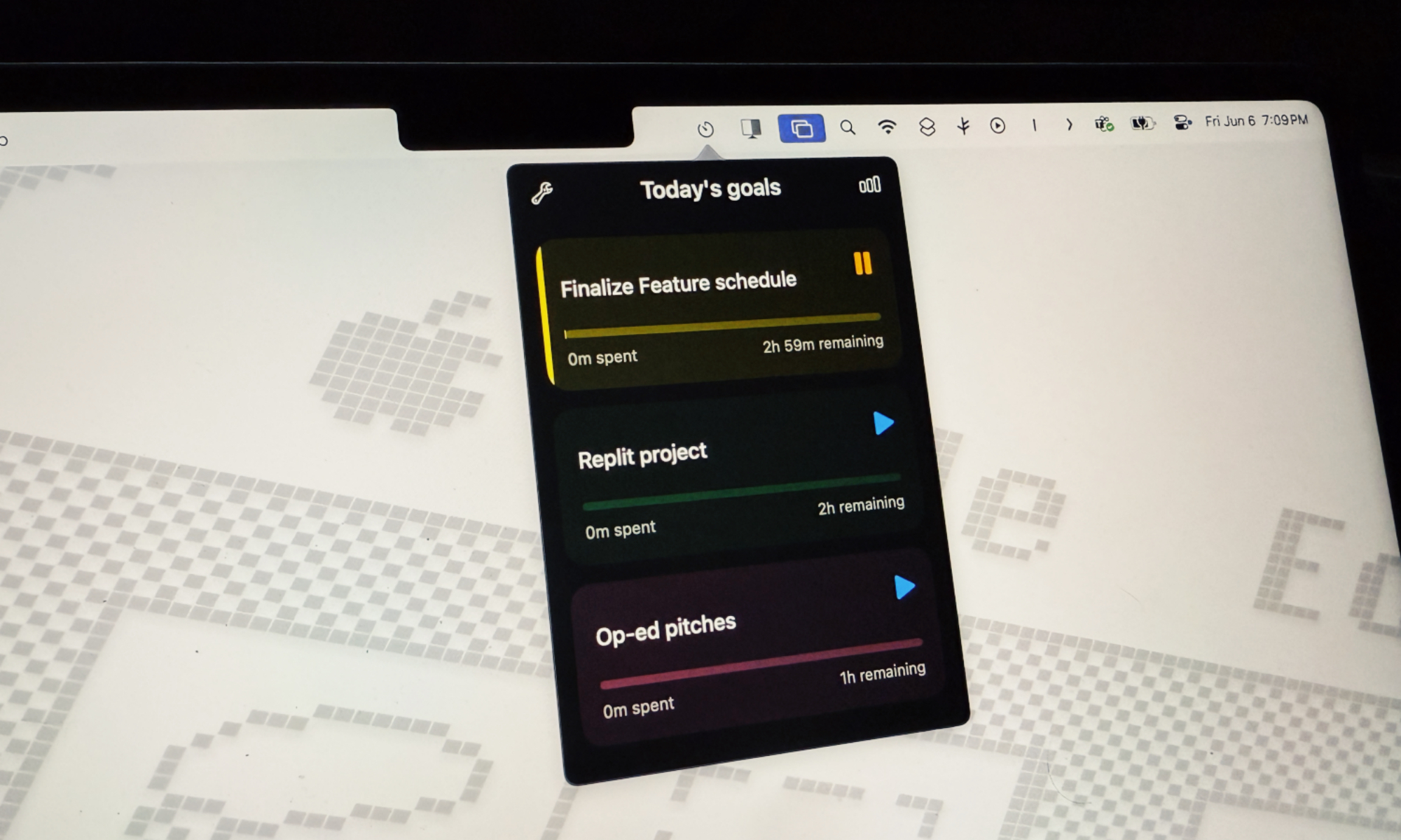 TimeCraft app interface on macOS showing task creation with name, color, and timer options.