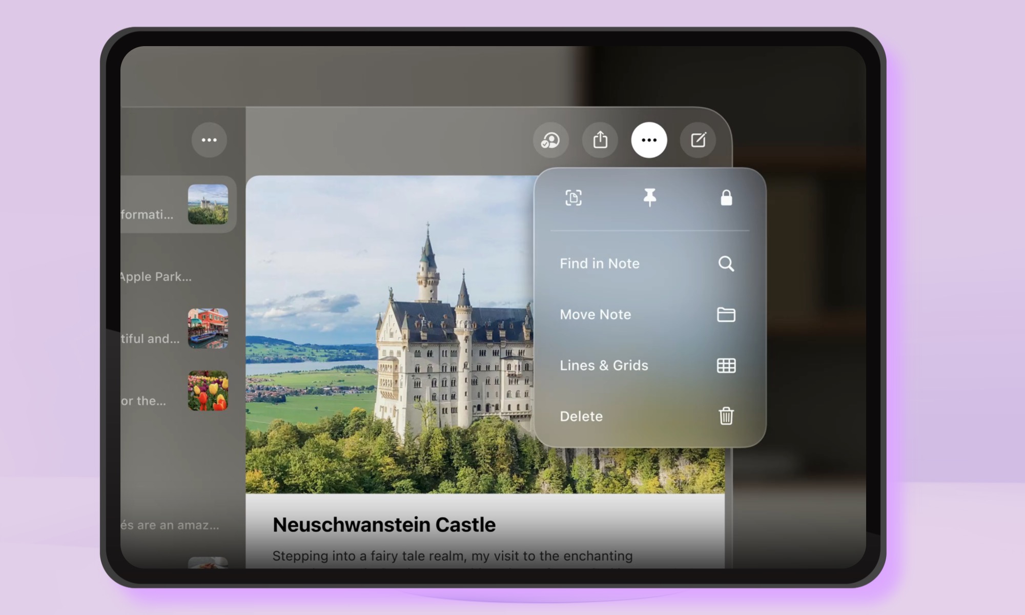 iPadOS 26 media controls concept showcasing translucent glassmorphism elements.