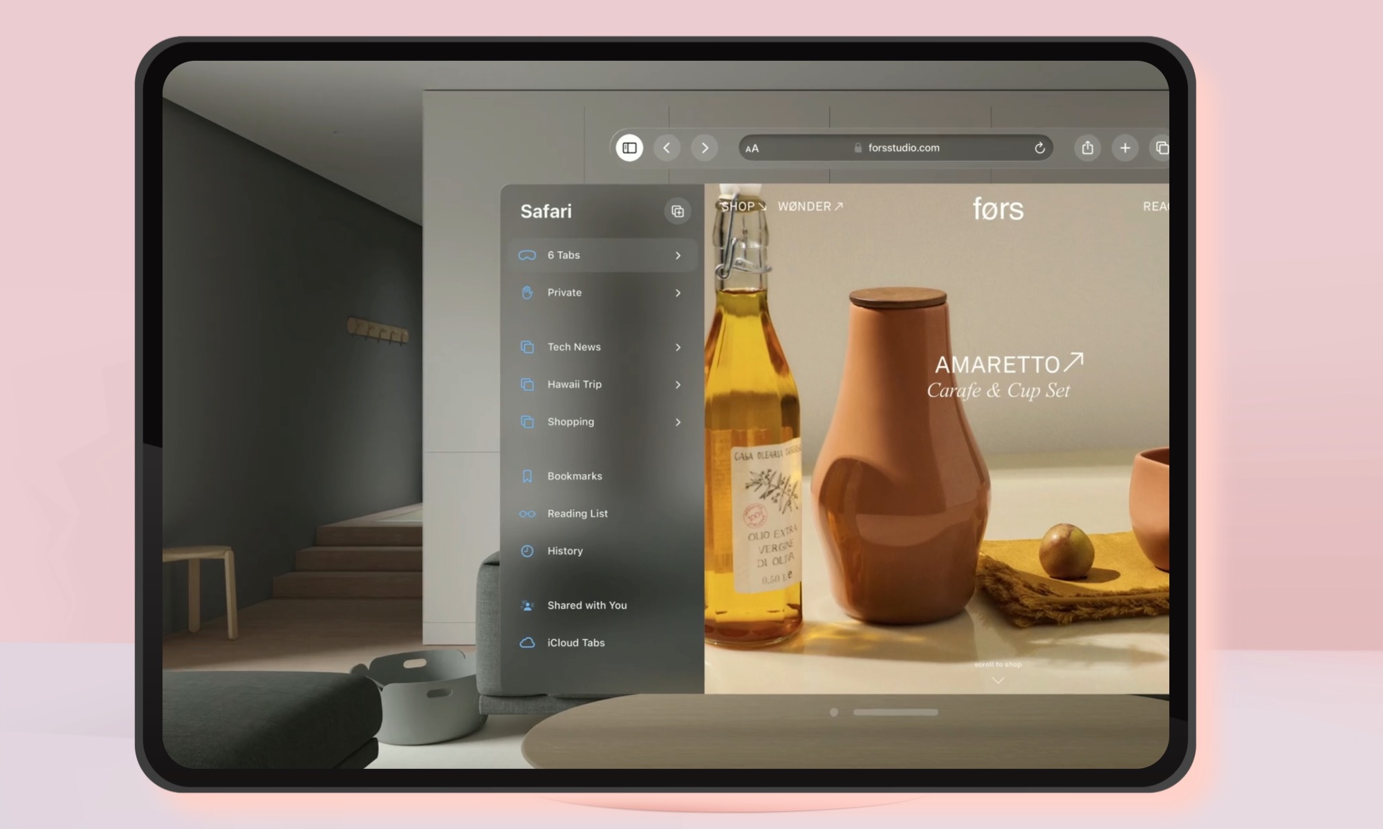 Concept art illustrating iPadOS 26 menu options with a frosted glass effect.
