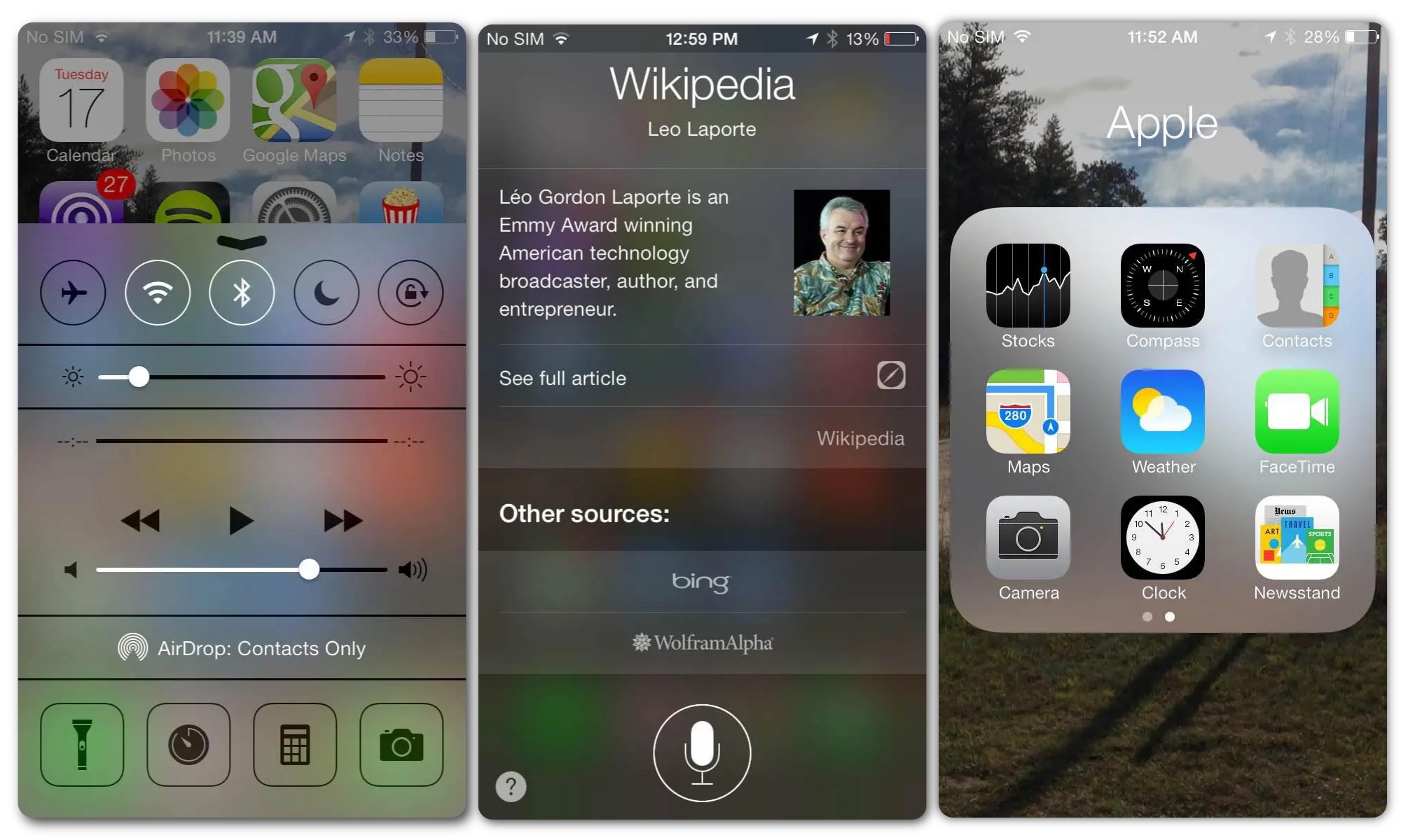 Screenshot of iOS 7 interface highlighting its early transparent design elements.
