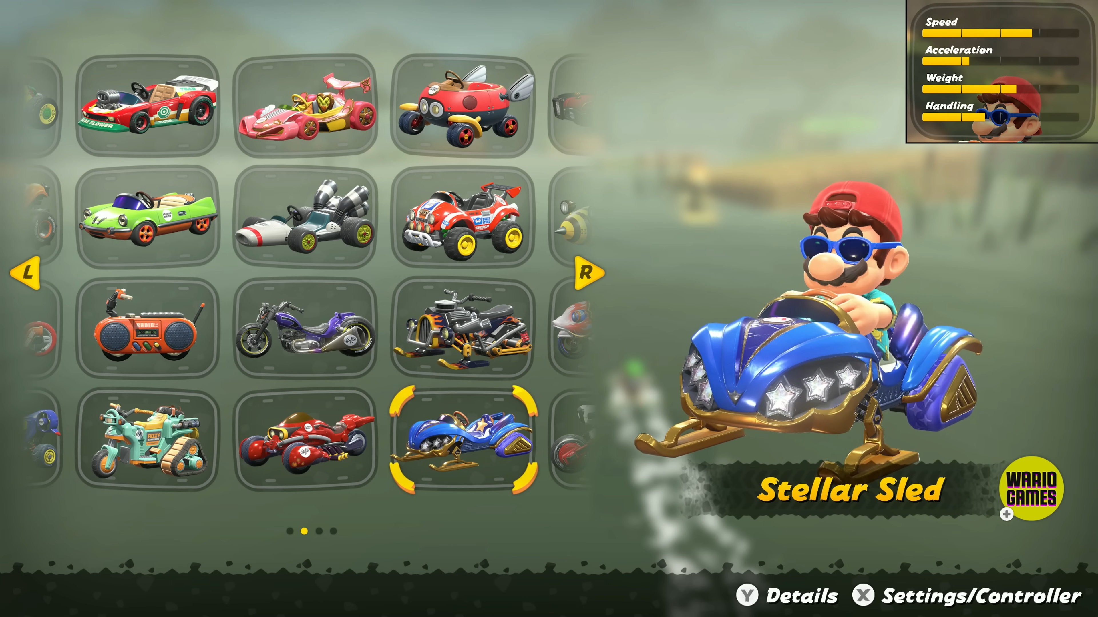 Mario speeding in the Stellar Sled kart, known for its top speed capabilities in Mario Kart World races.