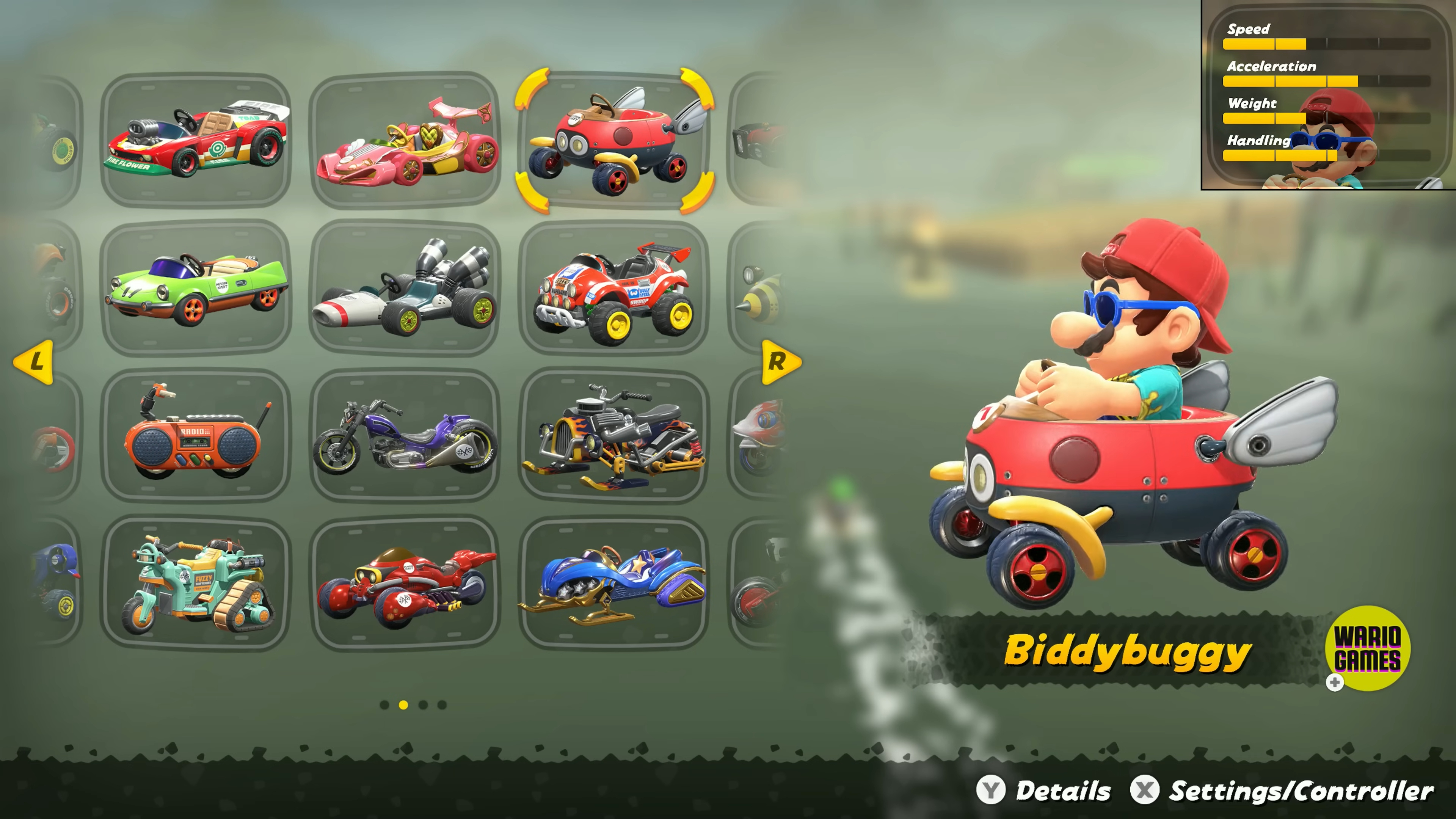 Mario maneuvering the Biddubuggy kart, praised for its exceptional handling in Mario Kart World.