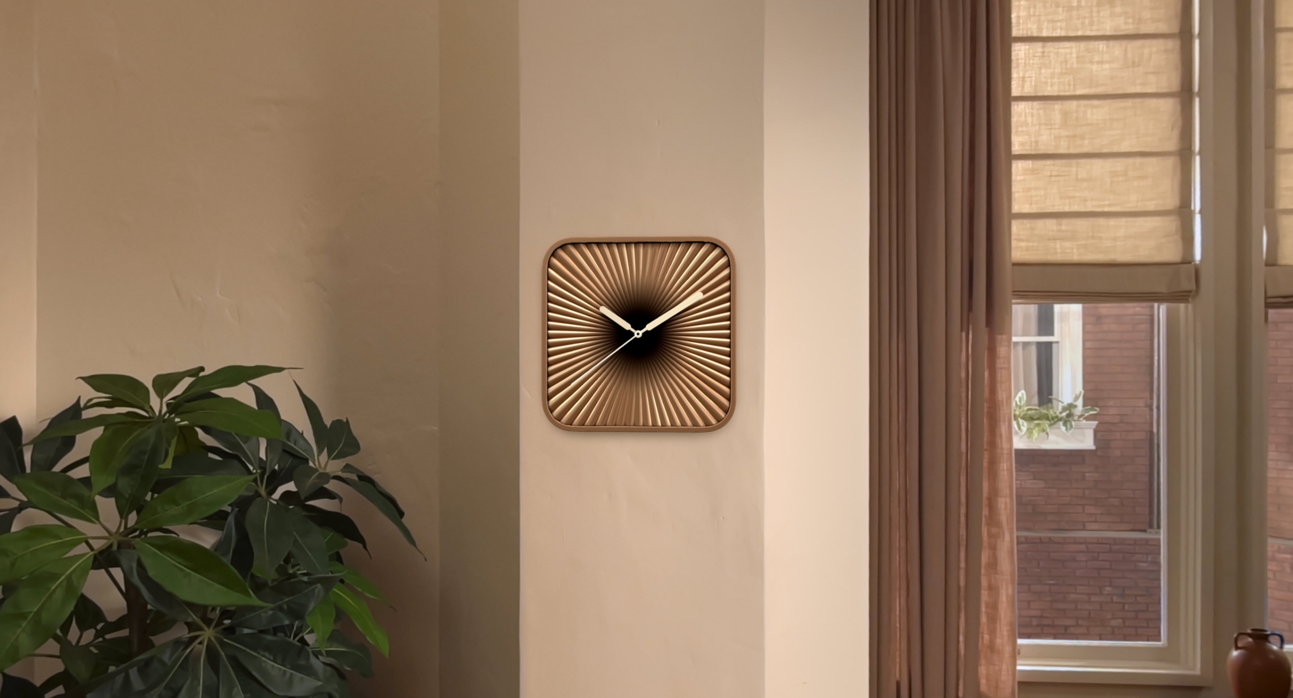 A visionOS 26 clock widget virtually placed on a physical wall