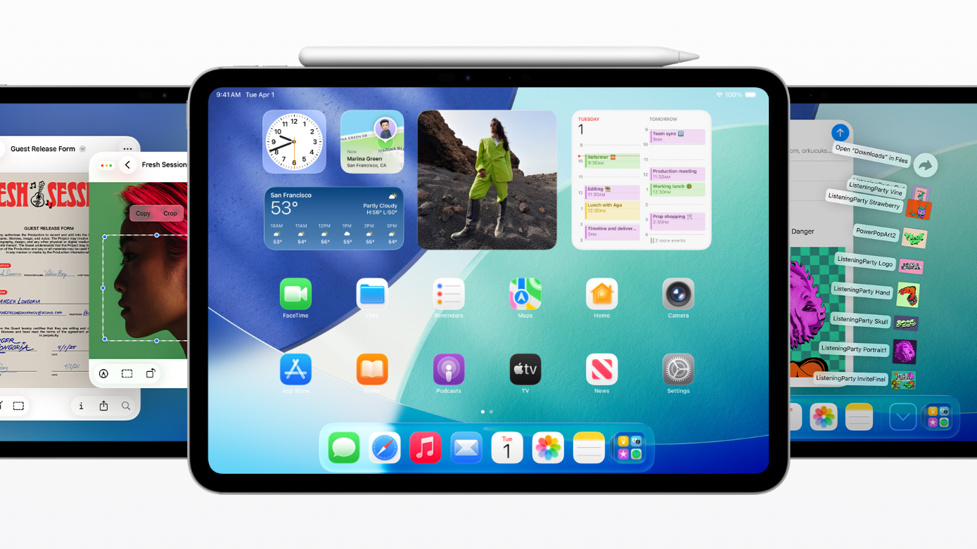 The iPadOS 26 home screen displaying new interface elements on an iPad
