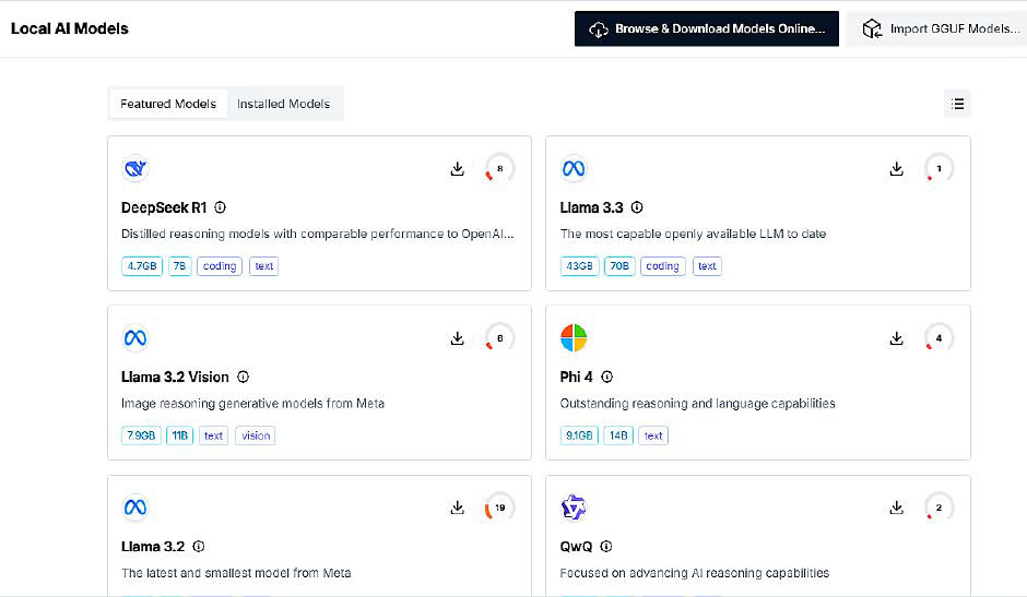 The Msty chatbot interface displaying easy selection of local AI language models and their hardware compatibility scores, with values below 75% being potentially problematic.
