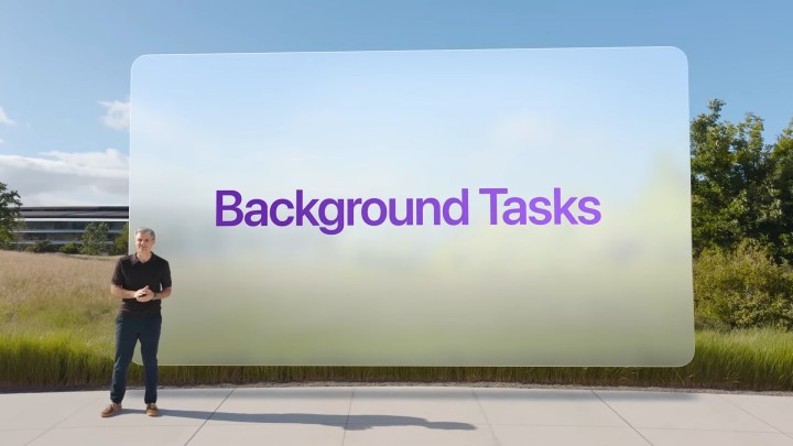 WWDC 2025 keynote slide highlighting iPadOS 26 background tasks feature for enhanced productivity.